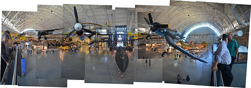Steven F. Udvar-Hazy Center: Photomontage of primary entrance view, like P-40 Warhawk & F-4 Corsair up front, SR-71 Background beneath in the close to distance, and the Space Shuttle Enterprise beyond
